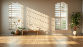 An empty room with two windows and a wooden floor.