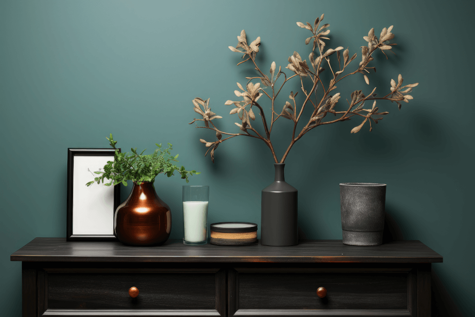 A wooden dresser with vases and a plant on it, adding a touch of nature to the room's interior paint.