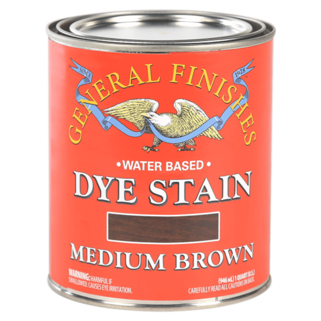 A quart can of medium brown water-based dye stain by General Finishes.