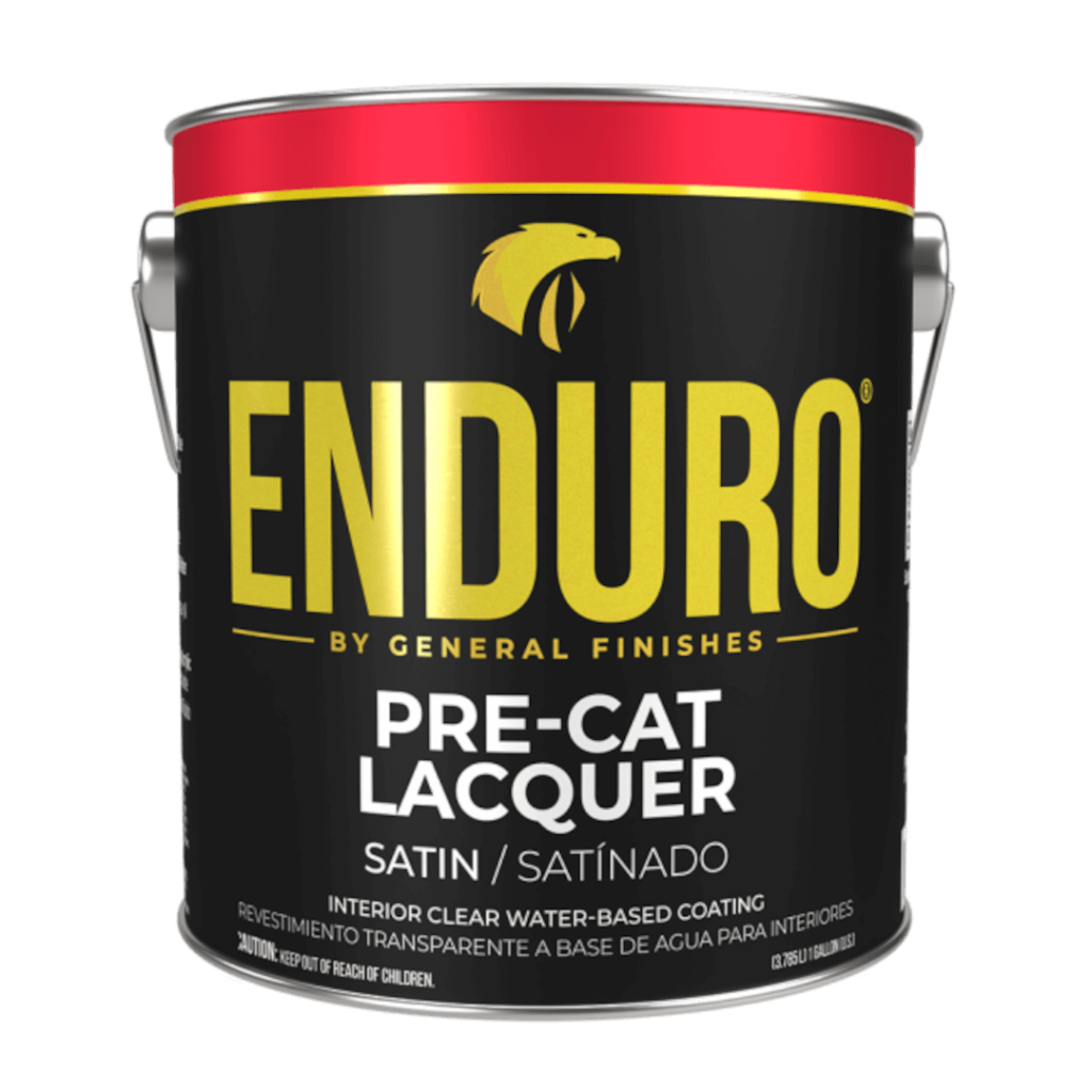 Enduro pre-cat lacquer satin: a can of lacquer with a satin finish, ideal for durable and smooth coatings.