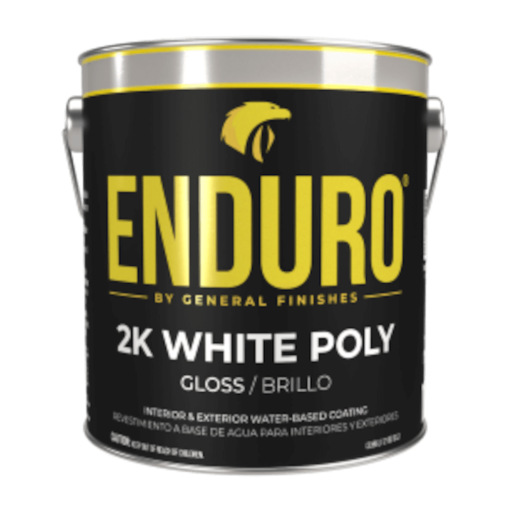 Enduro 2k white poly: a can of white polyurethane paint used for durable and long-lasting finishes.