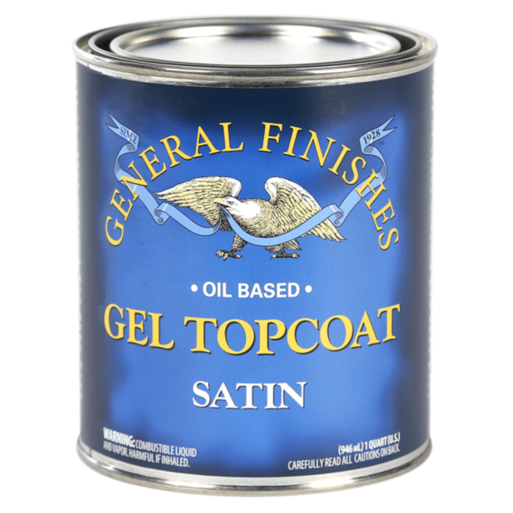 A can of General Finishes Gel Topcoat Satin, a clear protective finish for wood surfaces.