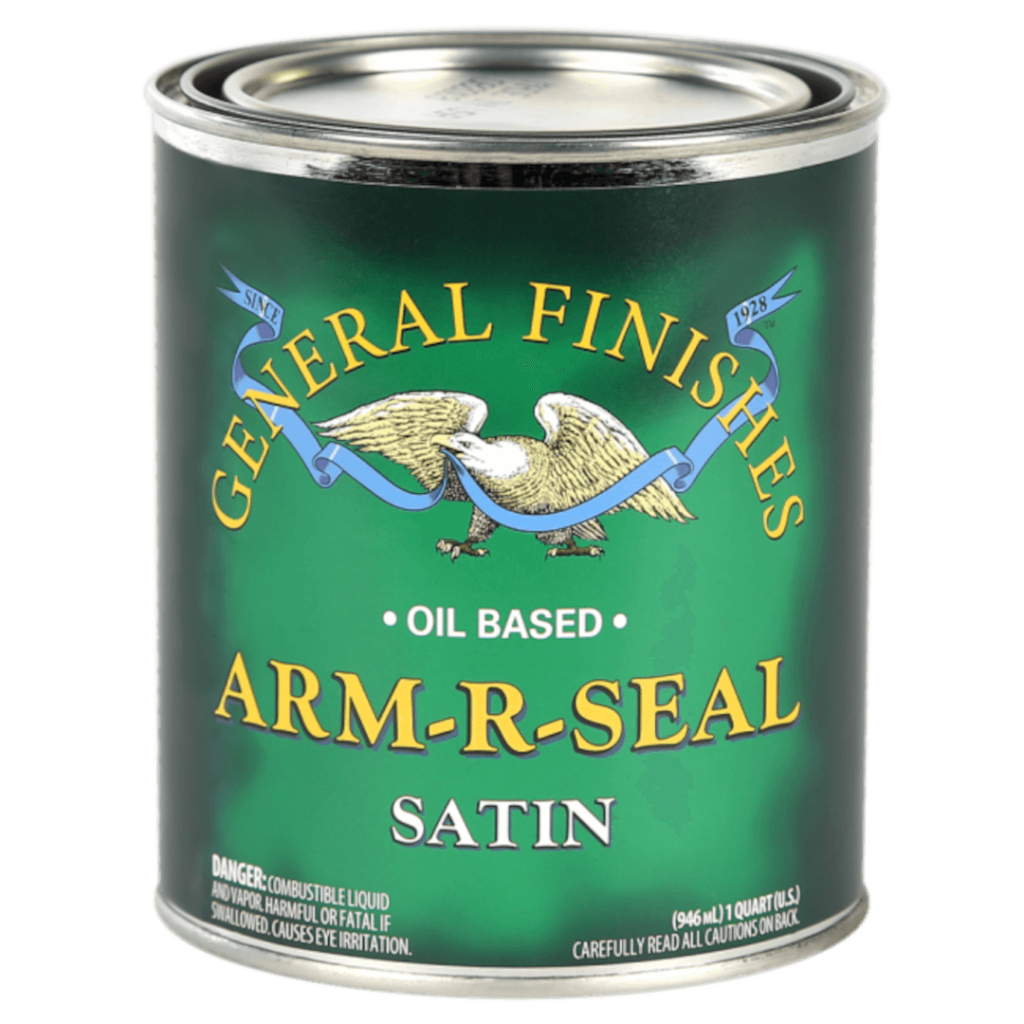 A can of General Finishes Arm-Seal Satin, a high-quality satin finish for wood surfaces.