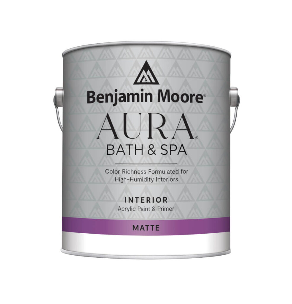 A single gallon of Benjamin Moore AURA Bath & Spa Interior Matte paint offered by Fullerton Paint & Flooring
