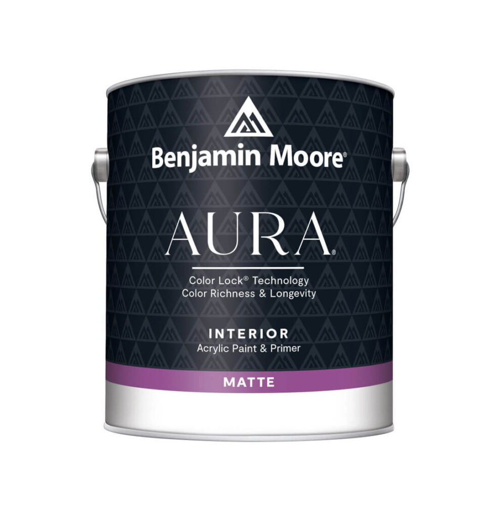 A single gallon of Benjamin Moore AURA Interior Matte paint offered by Fullerton Paint & Flooring