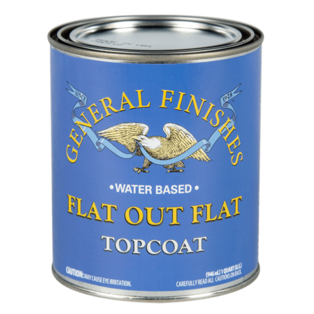 A quart of General Finishes Flat Out Flat Topcoat', a clear coating for wood surfaces.