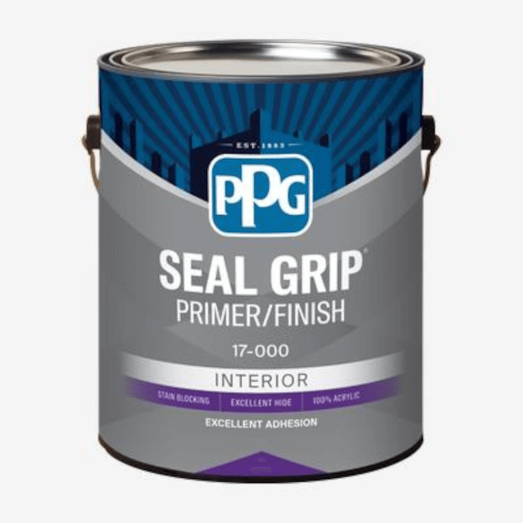 A can of 'Seal Grip Gripper' paint for both interior and exterior use, with a focus on its exterior application.