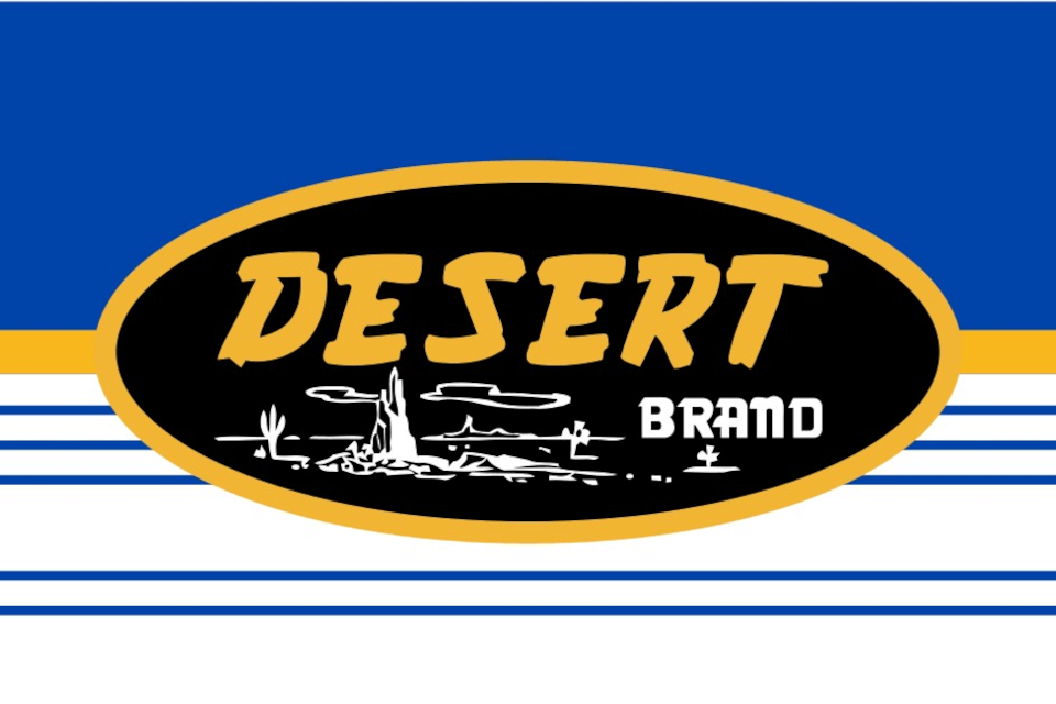 Desert brand logo on blue & white striped background. A simple yet striking design.