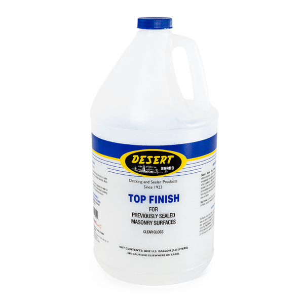 A gallon of top finish on a white background - a container filled with a glossy substance for surface coating.