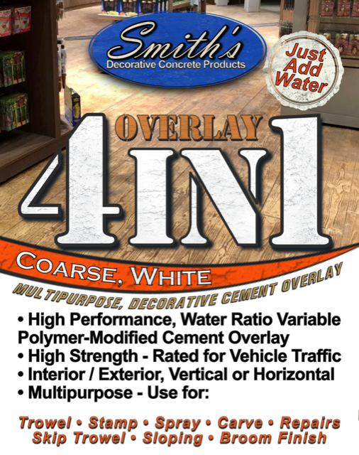 Smith's 4 In 1 Overlay is a single bag formula dry mix requiring only addition of water to produce a permanent bonding cement overlay.